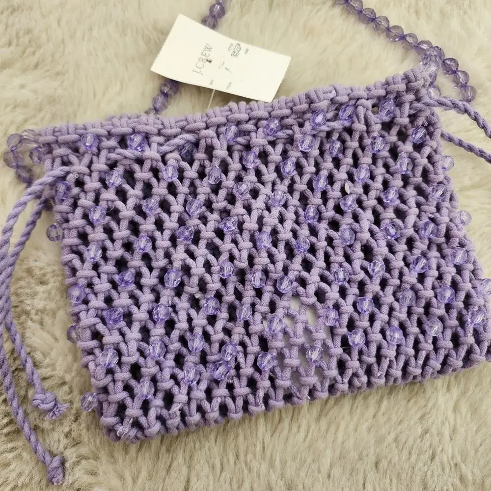J.Crew Purple Knitted Crochet Pouch Bag Beaded Strap Drawstring - New BY236